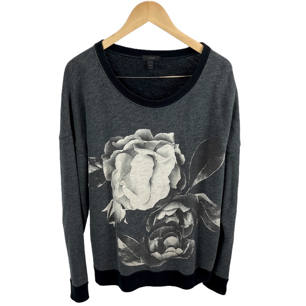 J Crew Black & White Graphic Rose Print Crew Neck Sweatshirt